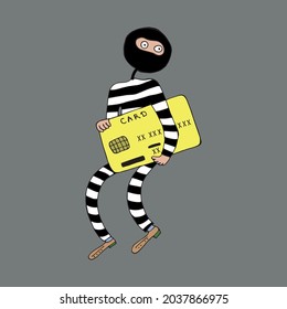 The thief is a swindler in striped clothes. A thief wants to steal money from a bank card. Bank card fraud. Vector. Doodles. Funny character in cartoon style. Isolated