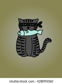 Thief tabby cat cartoon and fish 