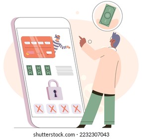 Thief takes advantage of an unsecured network to steal personal information from phone. Cyber security, cybercrime. Gadget under lock. Account hacking concept. Online attack of smartphone system