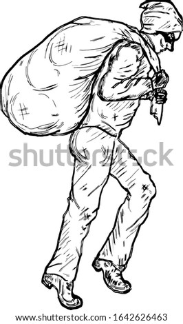 A thief tiptoe while carrying his loot. Hand drawn vector illustration.