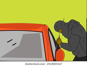 A thief tries to force the car door open. vector illustration