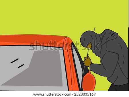 A thief tries to force the car door open. vector illustration