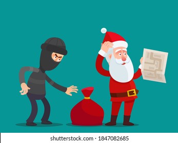 A thief tries to steal a bag of gifts from Santa Claus. Holiday crime scene. Vector illustration, flat design, cartoon style. Isolated background.