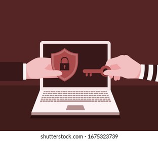 
Thief tries to use the key to break the code but cannot do it because it is well protected. Illustration about protection.