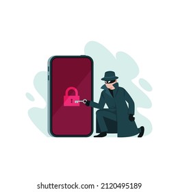 Ladrón trata de desbloquear smartphone para robar datos confidenciales, concepto de hackers y ciberdelitos, ilustración vectorial