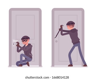 Thief trying to break into the door. Masked housebreaker working with a burglary tool, master key, pickaxe, home and office security concept. Vector flat style cartoon illustration