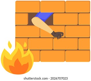 Thief is trying to crack brick wall. Illegal invasion of someone else's property. Robber breaks front door to house or apartment. Criminal scene. Hand of man in black glove peeks out of fence