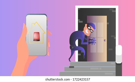 The thief is trying to get into the house through the door. Security at home. Alert. Safety and security concept. Vector.