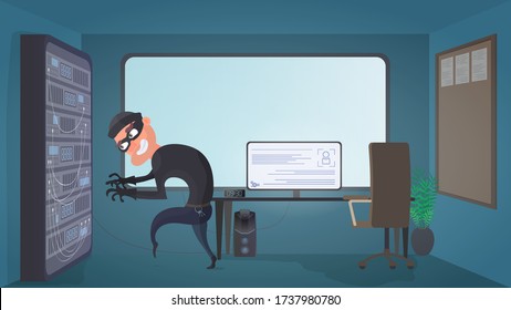 A Thief Is Trying To Get A Server. A Masked Burglar Steals Data. The Criminal Got Into The Office. The Concept Of Security And Data Protection. Isolated. Vector.