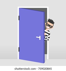 A thief trying to penetrate the house illegaly. Vector character wearing a black mask peeping out from behind the door. Flat illustration, clip art 