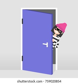 A thief trying to penetrate the house illegaly. Vector female character wearing a black mask peeping out from behind the door. Flat illustration, clip art 