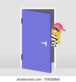 A thief trying to penetrate the house illegaly. Vector female character wearing a black mask peeping out from behind the door. Flat illustration, clip art 