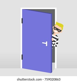 A thief trying to penetrate the house illegaly. Vector character wearing a black mask peeping out from behind the door. Flat illustration, clip art 