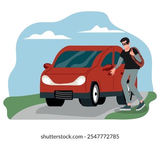 ladrón tratando de robar un auto, hombre con malas intenciones. Ilustración vectorial.