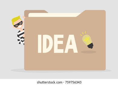 Thief trying to steal an idea from a huge paper folder. Intellectual property. Business concept. Unfair competition. Flat vector illustration, clip art