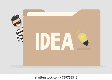 Thief trying to steal an idea from a huge paper folder. Intellectual property. Business concept. Unfair competition. Flat vector illustration, clip art
