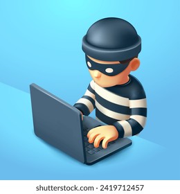 Thief typing in front of laptop. 3d vectors suitable for cyber security, technology and business
