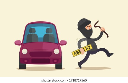 Thief unscrewed the license plate from the car and stole it. Theft in black clothes and balaclava on head runs holding a stolen license plate in hand. Vector illustration flat cartoon style, isolated.