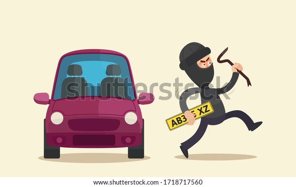 Thief unscrewed the license plate from the car\
and stole it. Theft in black clothes and balaclava on head runs\
holding a stolen license plate in hand. Vector illustration flat\
cartoon style, isolated.
