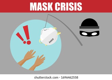 Thief use Fishing Rod Steal N95 Mask from Other People. N95 Mask Crisis. Coronavirus (Covid-19) Pandemic Outbreak Concept. Flat Vector Illustration.