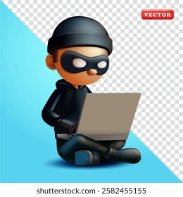 Thief using laptop, 3d vector. Suitable for security