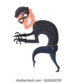 Thief vector illustration. Burglar in black mask isolated on white background. Suitable for topics of security, protection and robbery.