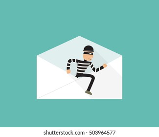 Thief walk out from phishing mail, vector