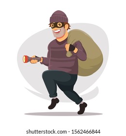 The thief is walking with a flashlight and sack. Cartoon character vector illustration isolated on white background