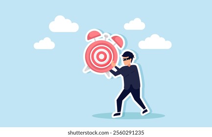 A thief walks carrying an alarm clock labeled with a target board, illustration of fraud manipulating business target time schedules