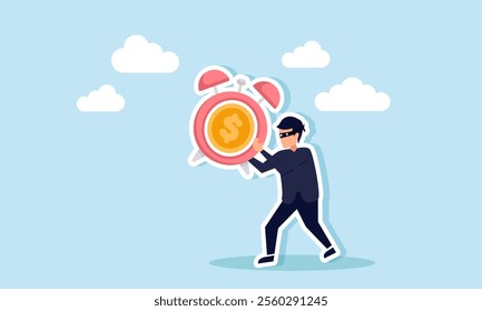 A thief walks carrying an alarm clock labeled with a dollar coin, illustration of fraud manipulating investment time schedules