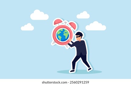 A thief walks carrying an alarm clock labeled with a globe, illustration of fraud manipulating global business project time schedules