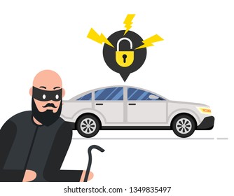 Thief wants to steal car. Vector illustration.