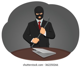 Thief wearing a balaclava stealing company info. He forcing a laptop using a metal crowbar. Unfair business competition.