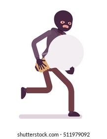 Thief, wearing a black balaclava, gloves is runnig away with stolen lamp bulb, symbol of idea in his hands. Cartoon vector flat-style concept illustration