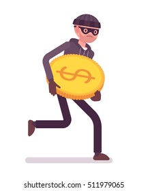 Thief, wearing a black mask, gloves and a black knit hat is runnig away with stolen golden coin in his hands. Cartoon vector flat-style concept illustration