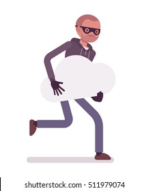 Thief, wearing a black mask, gloves is runnig away with stolen white cloud, symbol of dream in his hands. Cartoon vector flat-style concept illustration