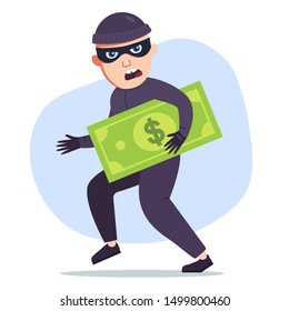 a thief who has stolen money is holding a big dollar bill in his hands. Flat vector illustration of a bandit character.