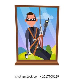 Thief And Window Vector. Breaking Into House Through Window. Insurance Concept. Burglar, Robber In Mask, Thief, Robbery, Purse. Isolated Flat Cartoon Illustration
