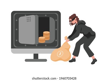 Thief woman in mask stealing money from vault vector flat illustration. Robber or burglar female character carrying bag full of stolen money from safe. Financial crime, fraud concept.