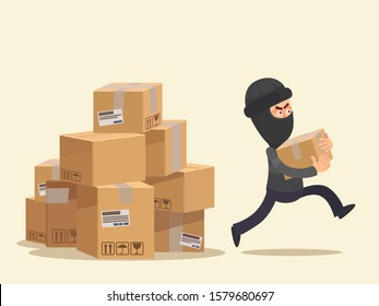 Thief worker steals parcels in post office. Theft at post office, mail warehouse.
Masked man in black suit stole package, cardboard parcel. Vector illustration
flat design cartoon style, isolated.
