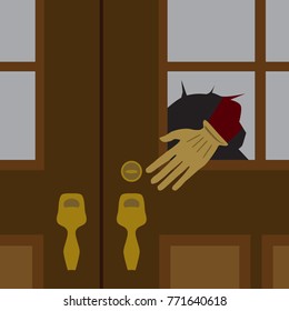 A thief's gloved hand is reaching through a broken pane of glass on the front door of a house