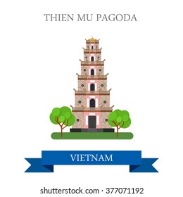 Thien Mu Pagoda in Vietnam. Flat cartoon style historic sight showplace attraction web site vector illustration. World countries cities vacation travel sightseeing Asia collection.