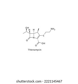 Thienamycin flat skeletal molecular structure Carbapenem drug used in bacterial infection treatment. Vector illustration.