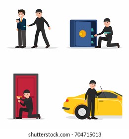 Thieves characters set, vector illustration. Car and apartment thief; pickpocket; safecracker