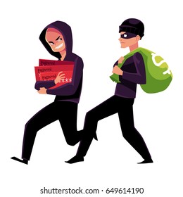 Thieves, robbers stealing money and credit card information, cartoon vector illustration isolated on white background. Cash money stealing and credit card fraud, robbery and fraudulent transactions