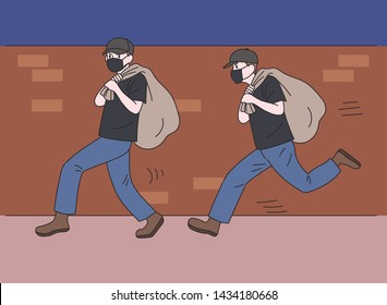 Thieves running away in the middle the night to steal things  hand drawn style vector design illustrations 