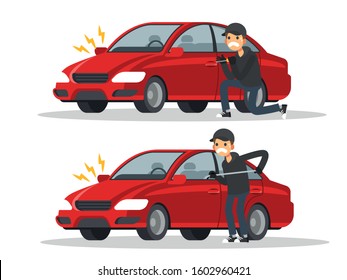 Thieves Are Stealing Cars. Burglar Alarm. Car Thief Concept. Vector Illustration In A Flat Style.