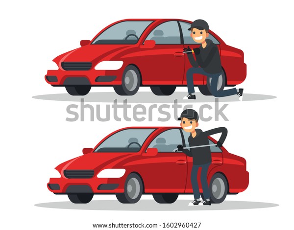 Thieves are stealing cars. Car thief concept.\
Vector illustration in a flat\
style.