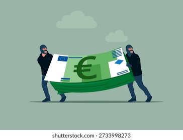 Ladrões roubando dinheiro de euro com um cheque, ladrões com dinheiro. Fraude e fracasso empresarial. Ilustração vetorial moderna em estilo plano