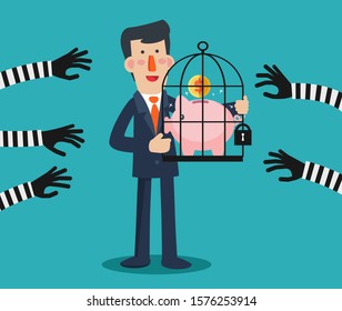 Thieves stealing money from piggy bank. Piggy bank protection design illustration.  Insurance policy and business strategy vector concept